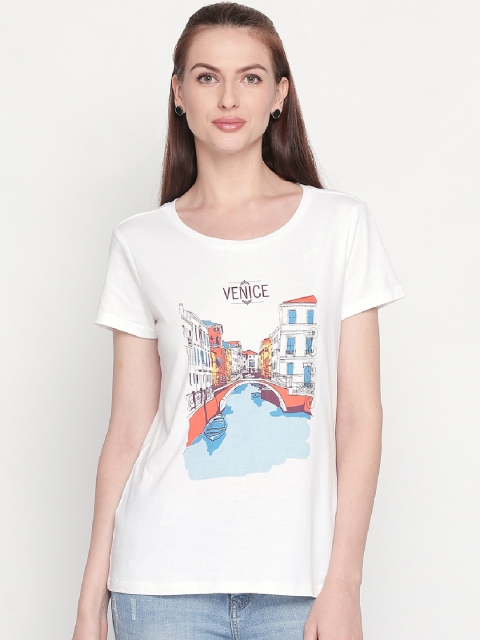 

Honey by Pantaloons Women White Printed Round Neck Pure Cotton T-shirt