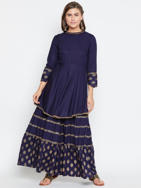 

Castle Women Navy Blue Printed Kurta with Sharara