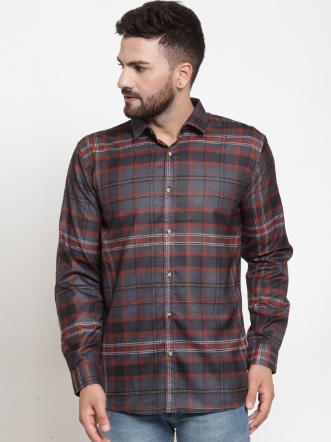 

JAINISH Men Grey & Red Slim Fit Checked Casual Shirt