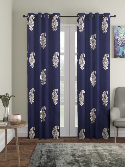 

Home Sizzler Blue & Silver-Coloured Set of 2 Door Hand Block Printed Curtains