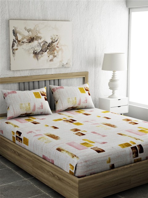 

EverHOME Off-White & Brown Geometric 144 TC Cotton 1 Queen Bedsheet with 2 Pillow Covers