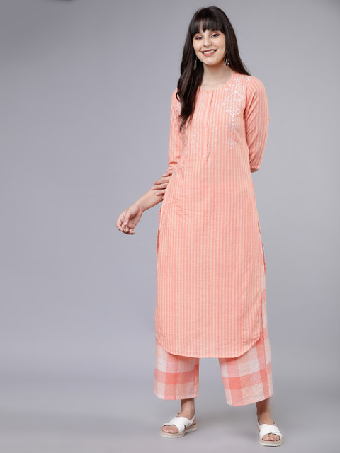 

Vishudh Women Coral Orange Striped Kurta with Palazzos