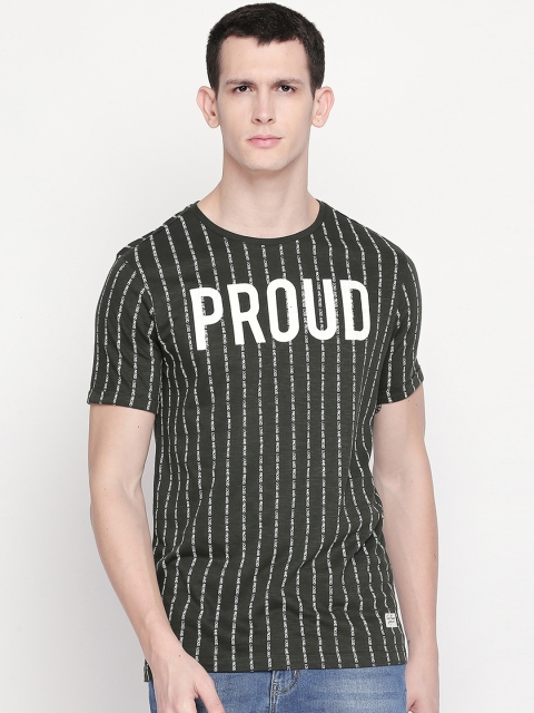 

SF JEANS by Pantaloons Men Olive Green Striped Round Neck Pure Cotton T-shirt