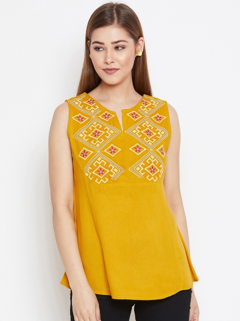 FIZERA Women Mustard Yellow Printed A-Line Top
