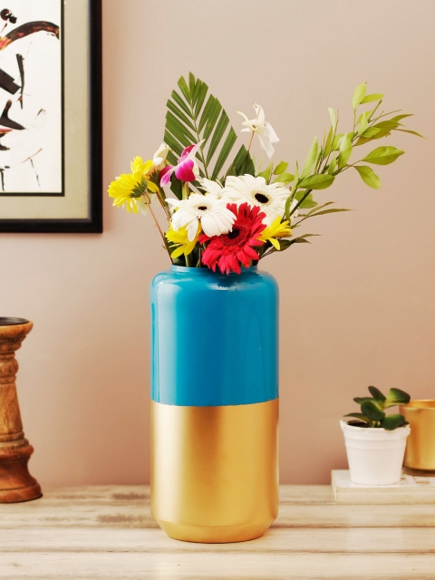 

HomeTown Blue & Gold-Toned Colourblocked Metal Flower Vase
