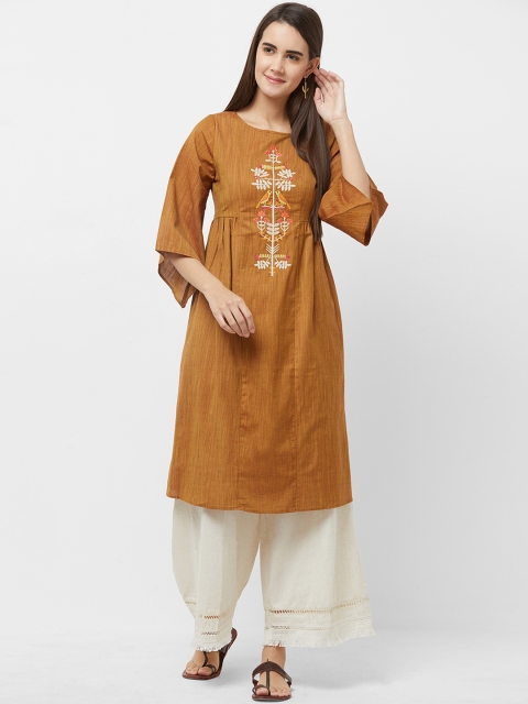 Fusion Beats Women Brown Solid A-Line Kurta