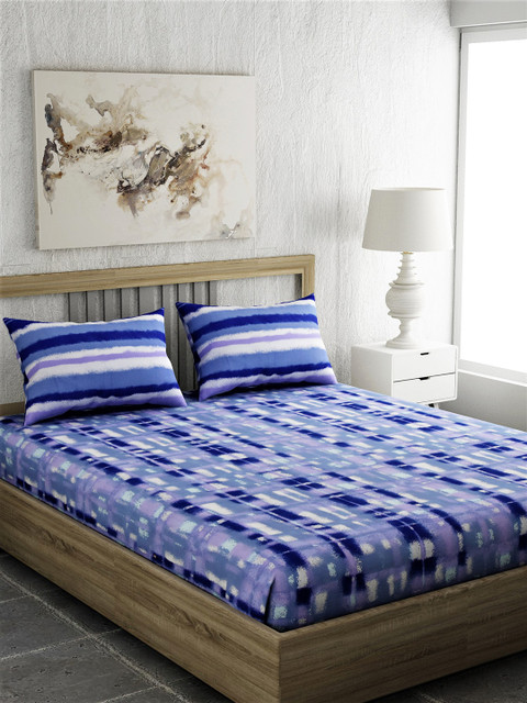 

EverHOME Blue Geometric 144 TC Cotton 1 Queen Bedsheet with 2 Pillow Covers