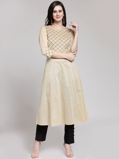

plusS Women Beige Checked A-Line Kurta