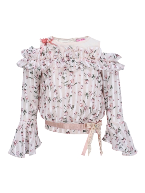 

CUTECUMBER Girls Cream-Coloured & Beige Printed Blouson Top
