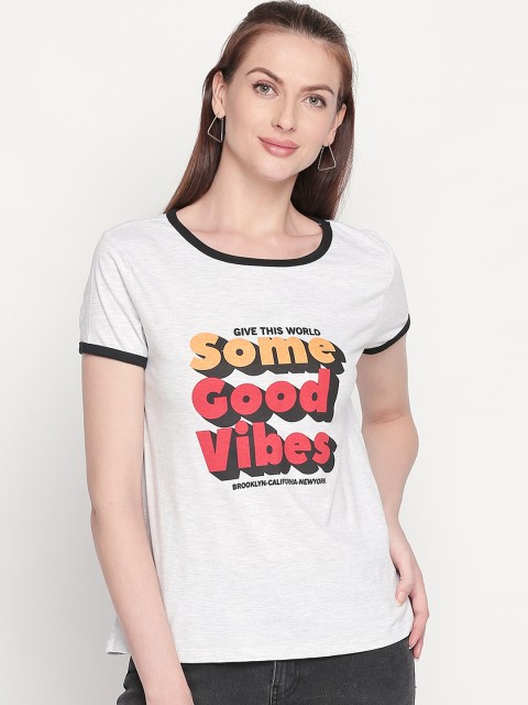 

Honey by Pantaloons Women Grey Printed Round Neck Pure Cotton T-shirt
