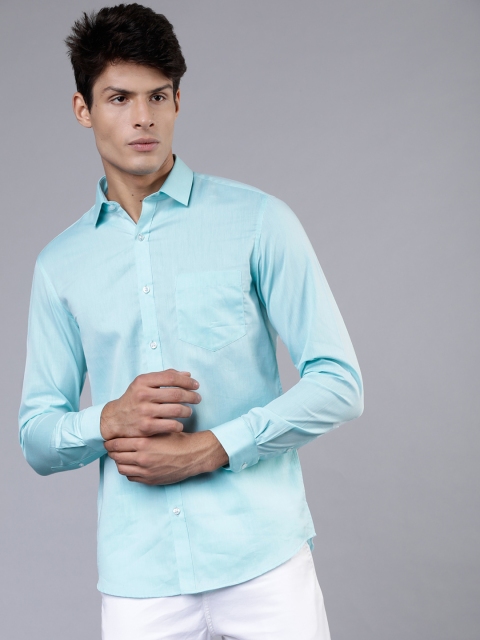Men Turquoise Blue Slim Fit Solid Casual Shirt