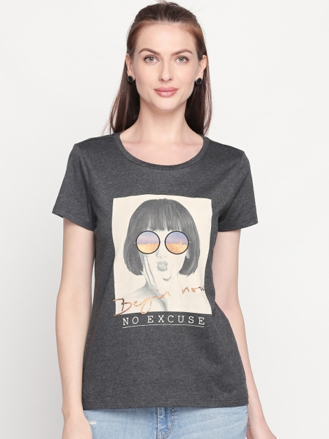Honey by Pantaloons Women Grey Printed Round Neck Pure Cotton T-shirt