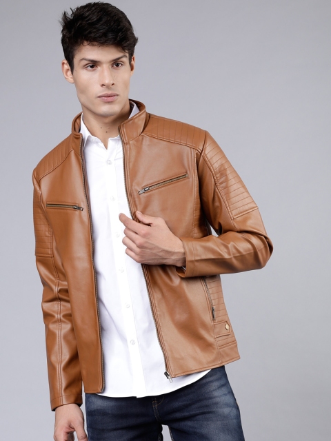 Men Tan Brown Solid Biker Jacket