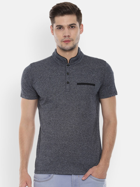 

V Dot Men Grey Solid Mandarin Collar Slim Fit T-shirt