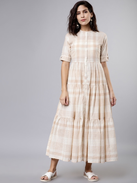 

Vishudh Women Beige Checked Tiered Fit & Flare Dress