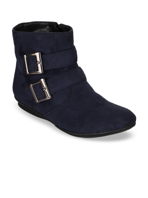 

Bruno Manetti Women Navy Blue Solid Suede High-Top Flat Boots