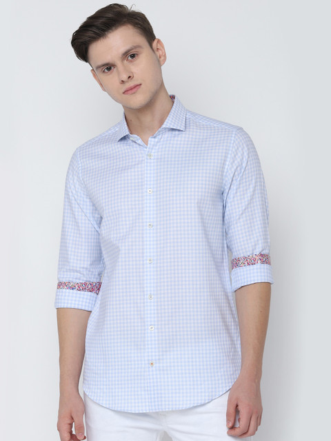 

SIMON CARTER LONDON Men Blue & White Slim Fit Checked Casual Shirt