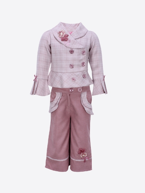 

CUTECUMBER Girls Pink & Pink Checked Coat with Trousers