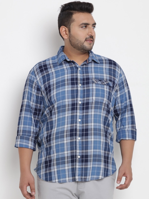 

John Pride Plus Size Men Blue White Regular Fit Checked Casual Shirt