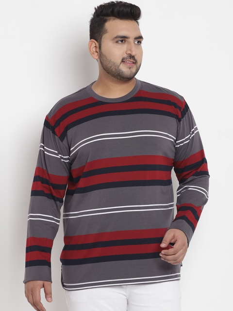 

John Pride Plus Size Men Grey Striped Stretchable Round Neck T-shirt