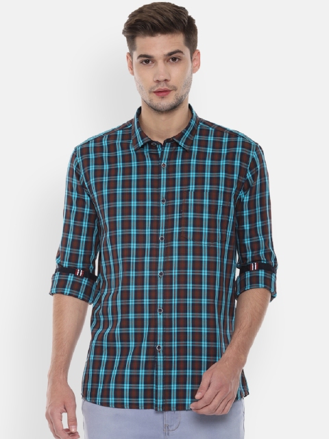 

People Men Brown & Blue Regular Fit Checked Casual Shirt