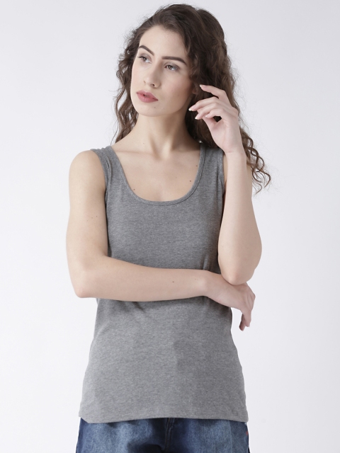 

109F Women Grey Solid Scoop Neck Sleeveless Pure Cotton T-shirt