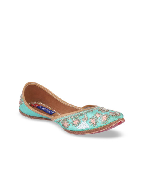 

MSC Women Turquoise Blue Embroidered Leather Mojaris