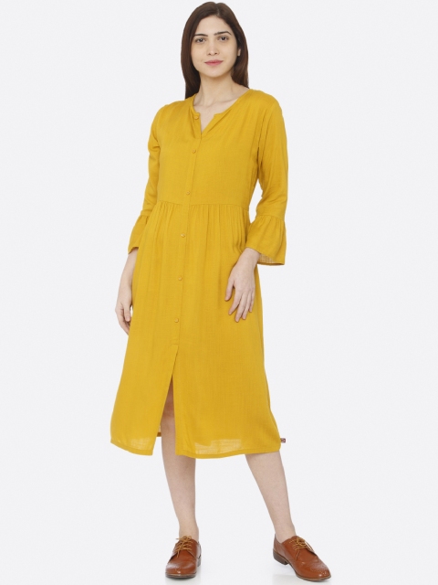 

RAISIN Women Mustard Yellow Fit and Flare Dress