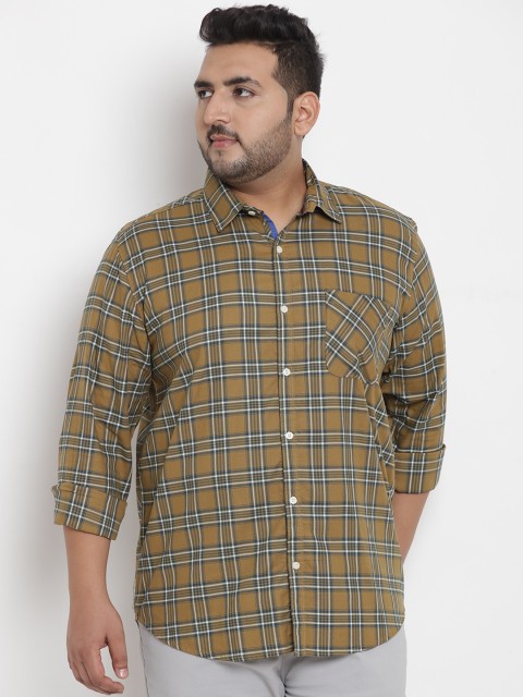 

John Pride Plus Size Men Mustard Yellow Comfort Regular Fit Checked Casual Shirt