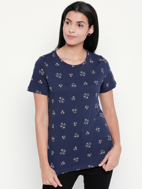 

Honey by Pantaloons Women Navy Blue Printed Round Neck Pure Cotton T-shirt