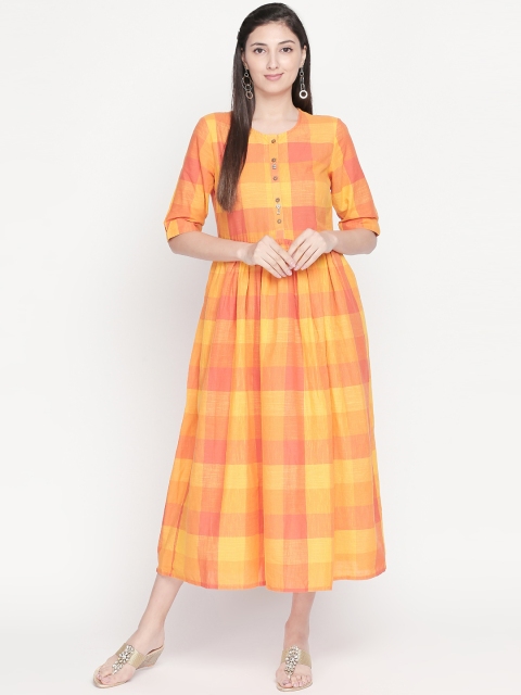 

AKKRITI BY PANTALOONS Women Mustard Yellow & Pink Checked Fit and Flare Dress