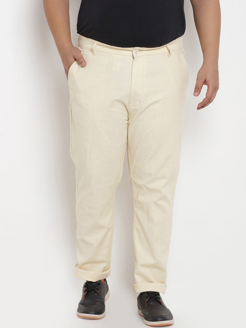 

John Pride Plus Size Men Cream-Coloured Relaxed Regular Fit Solid Regular Trousers