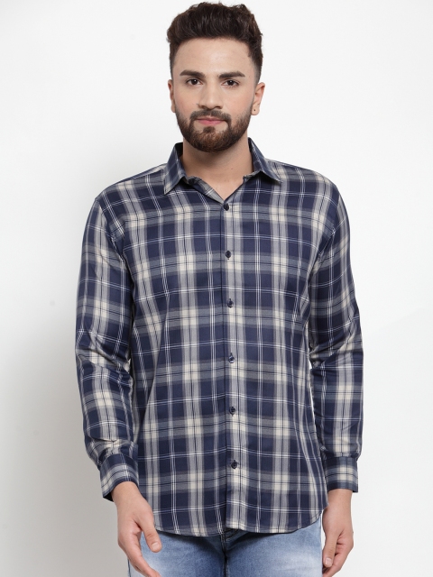 

JAINISH Men Navy Blue & Off-White Slim Fit Checked Casual Shirt