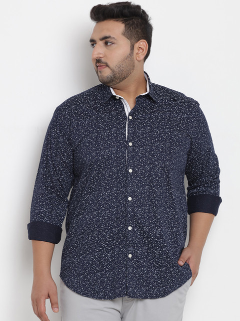 

John Pride Plus Size Men Navy Blue White Comfort Regular Fit Printed Casual Shirt