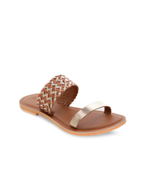 

London Rag Women Bronze-Toned Woven Design Leather Open Toe Flats