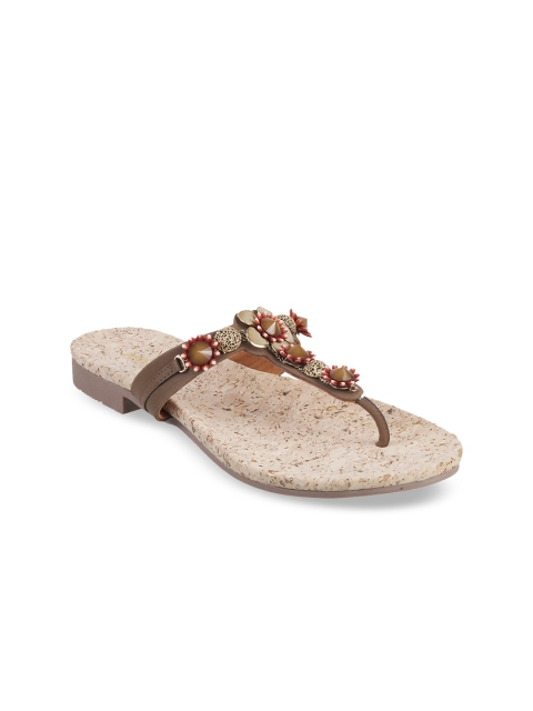 

Mochi Women Brown Embellished T-Strap Flats