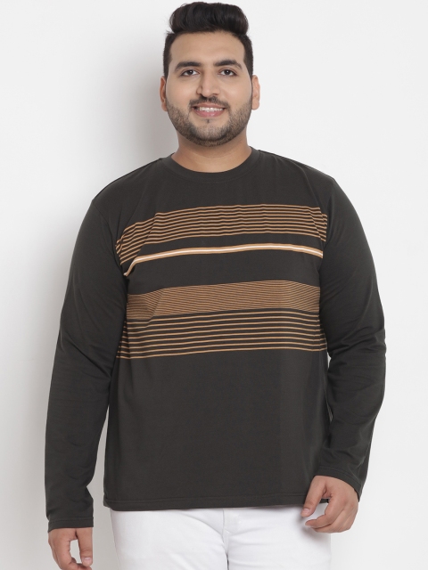 

John Pride Plus Size Men Olive Green Striped Stretchable Round Neck T-shirt