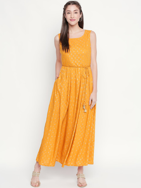 

AKKRITI BY PANTALOONS Women Mustard Yellow Printed Maxi Dress