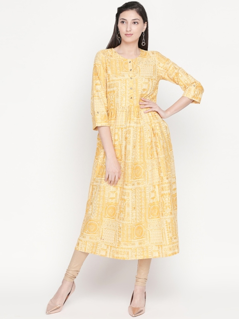 

AKKRITI BY PANTALOONS Women Mustard Yellow Printed A-Line Dress
