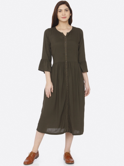 

RAISIN Women Olive Green Fit and Flare Dress