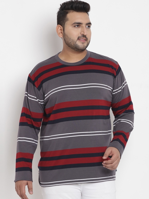 

John Pride Plus Size Men Grey Striped Stretchable Round Neck T-shirt