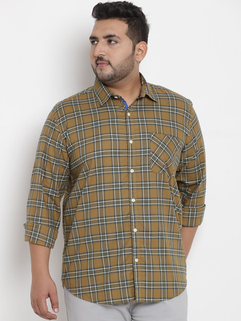 

John Pride Plus Size Men Mustard Yellow Comfort Regular Fit Checked Casual Shirt