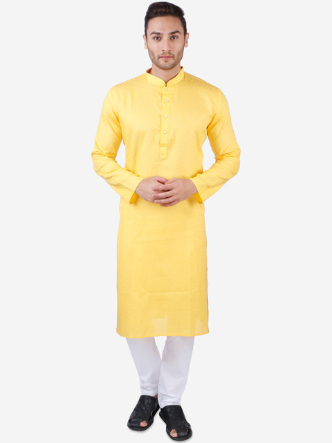

RAJUBHAI HARGOVINDAS Men Yellow & White Self Design Kurta with Churidar