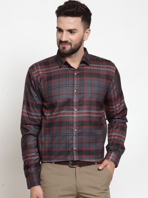 

JAINISH Men Grey & Red Classic Slim Fit Checked Formal Shirt