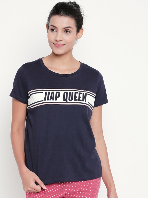 

Dreamz by Pantaloons Women Navy Blue Printed Round Neck Lounge T-shirt