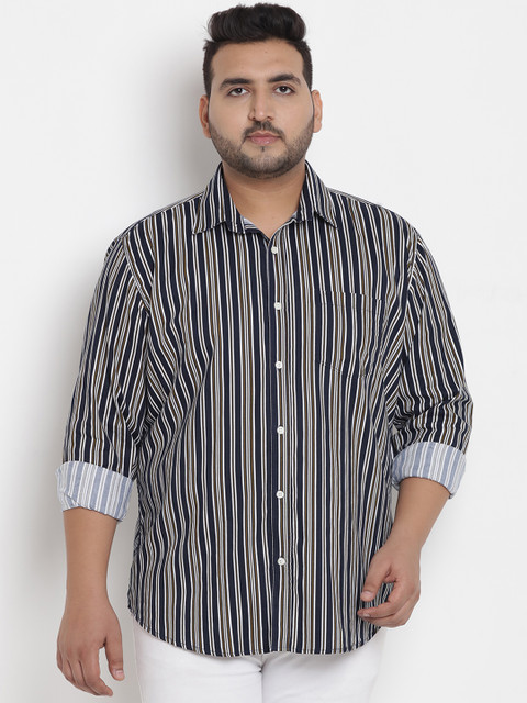 

John Pride Plus Size Men Navy Blue Comfort Regular Fit Striped Casual Shirt