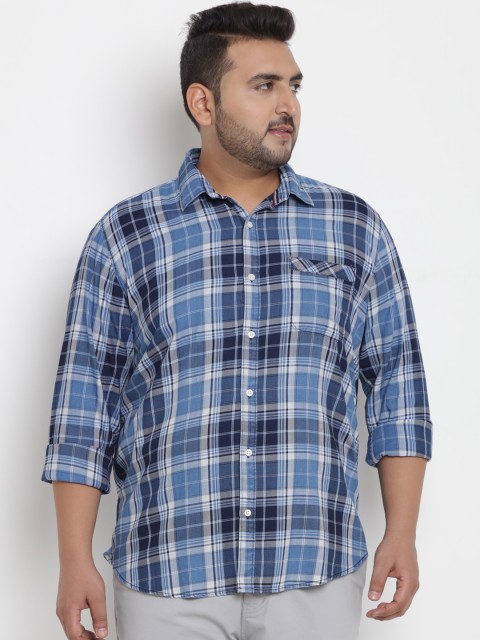 

John Pride Plus Size Men Blue White Regular Fit Checked Casual Shirt