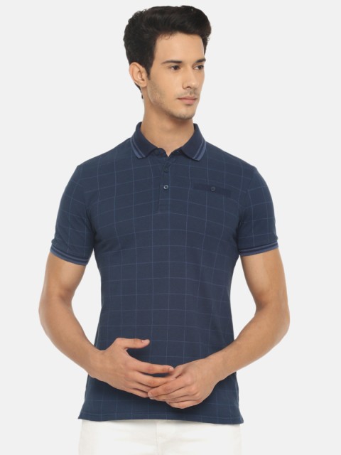 

Celio Men Navy Blue Checked Polo Collar Pure Cotton T-shirt