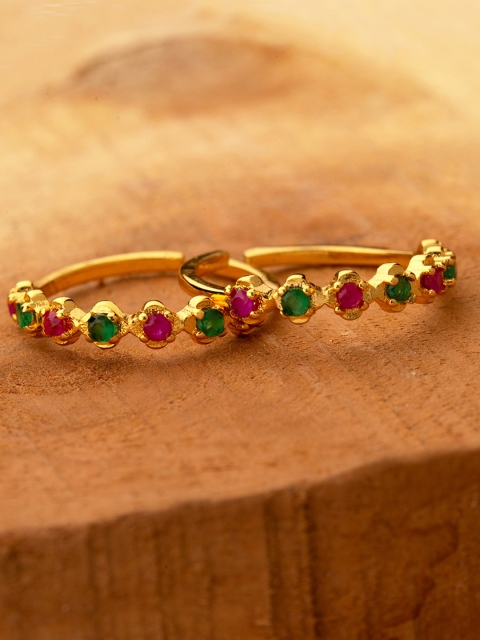 

Voylla Women Set of 2 Brass-Plated Gold-Toned & Pink CZ-Studded Toe Rings