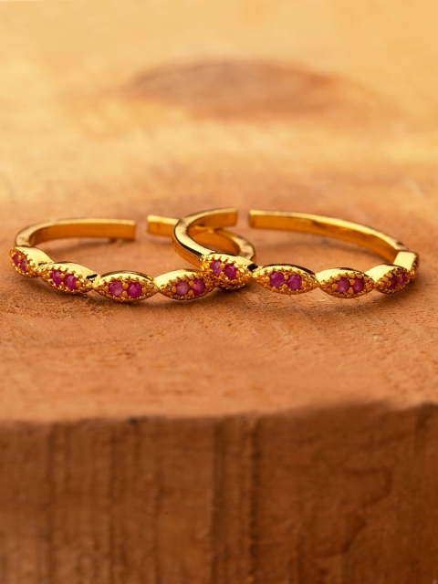 

Voylla Women Set of 2 Brass-Plated Gold-Toned & Pink CZ-Studded Toe Rings